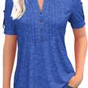 Women's Zipper Summer Pleated Button Short Sleeve T-Shirt Summer V-Neck Solid Color Casual top (Medium)