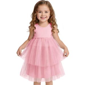 Haloumoning Toddler Baby Girls Tutu Dress Kids Sleeveless Ruffle Tiered Tulle Dresses Summer Sundress 9M-8Y (Pink)