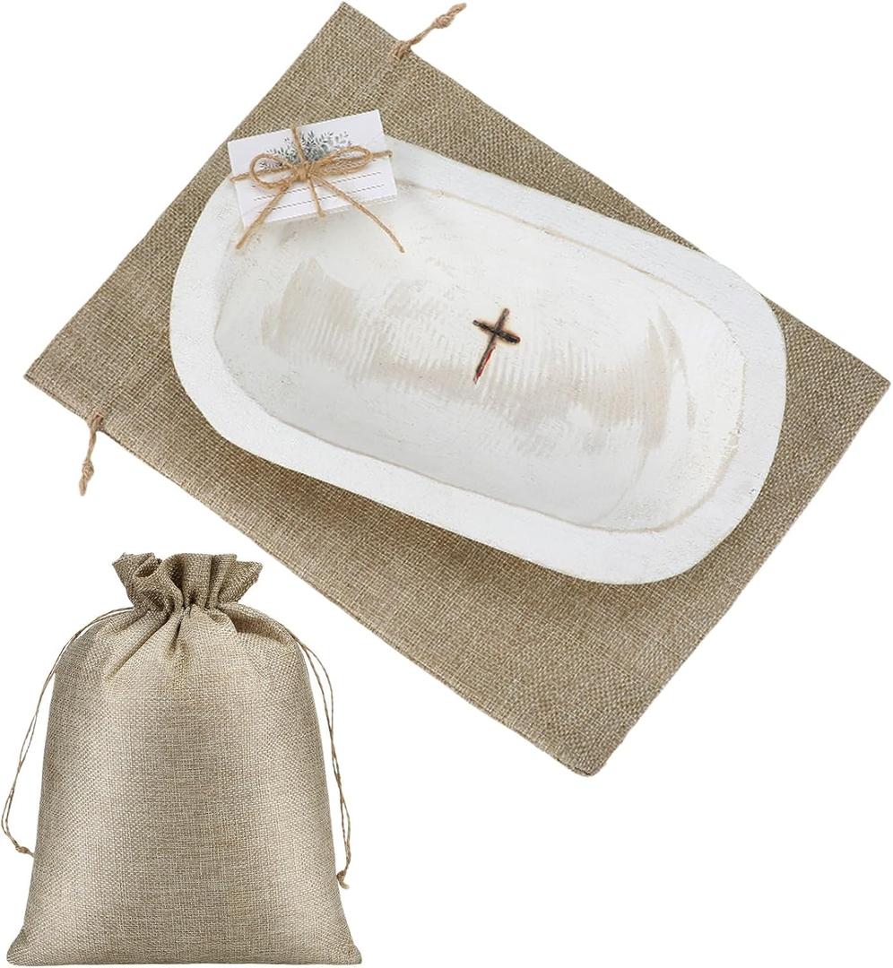 Eaasty 1 Set Prayer Wooden Dough Bowl with Religious Cross Christian Prayer Mother's Day Gift for Mom Women 10 Blessing Card Small Bowl Congregation Gift Resin Bread Container with Linen Bag (White)