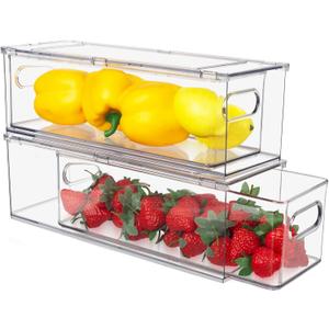 Abiudeng 2 Pack Stackable Refrigerator Organizer Bins with Pull-out Drawer, Drawable Clear Fridge Drawer Organizer with Handle, Plastic Kitchen Pantry Storage Containers
