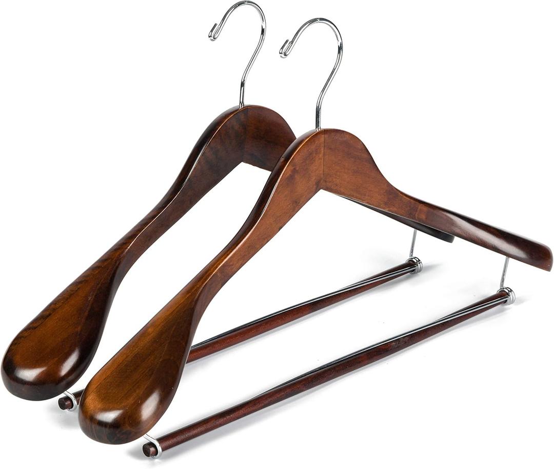 Luxury Wide Shoulder Wooden Hangers 2 Pack, with Locking Bar, Smooth Retro Finish Wood Suit Hanger Coat Hanger for Closet, Holds Up to 20lbs, 360 Swivel Hook, for Jacket, Dress Heavy Clothes Hangers