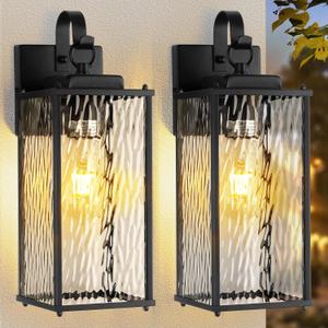 Outdoor Lights for House with Water Ripple Glass Modern 2-Pack, IP65 Waterproof Porch Lights Outdoor Wall Sconces Matte Black Patio Garage Coach Lighting Exterior Lanterns Wall Mounted, 15"