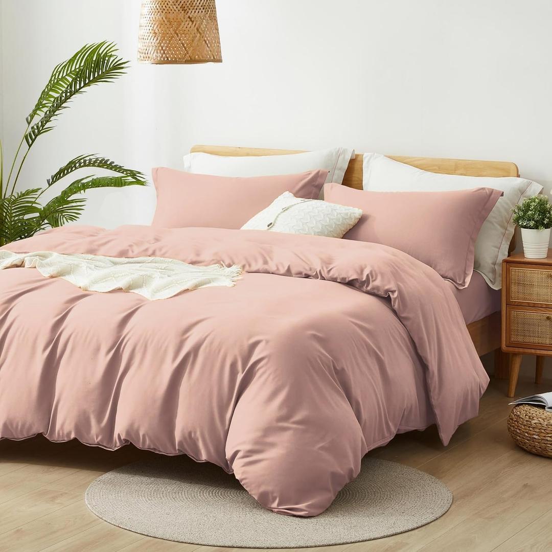 Queen Size Duvet Cover - 3 Piece Bedding Set (1 Duvet Cover & 2 Pillow Shams) Soft Double Brushed Comforter Cover w/Zipper Closure & Corner Ties - No Comforter (90" X 90", Pink Mocha)