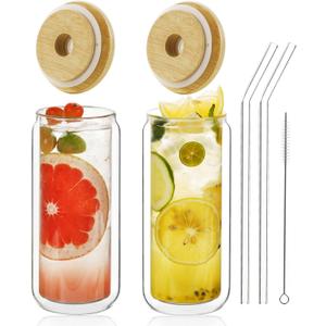 LIBWYS 16oz Double Wall Drinking Glass Cups with Bamboo Lids and Straws, 2 Pc Set Condensation Resistant Insulated Glass Can Tumblers for Cold Drinks, Iced Coffee, Tea, Juice, Cleaning Brush