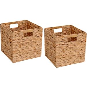 Wicker Storage Basket Foldable Hyacinth Storage Box Set of 2, 12x12x12 Inch - Handmade Woven Basket for Closet, Shelf Organization & Decor