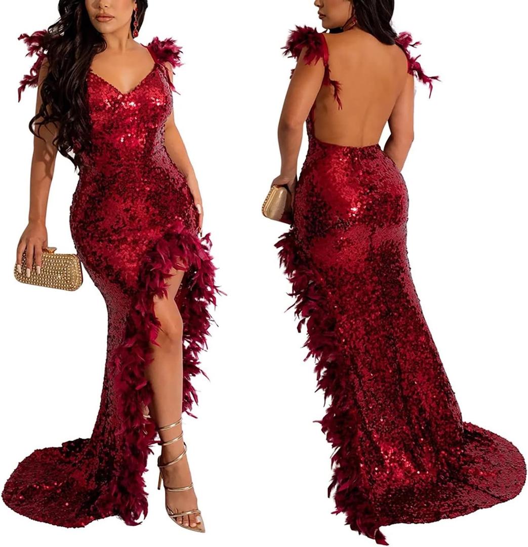 AlexQueen Women's Sexy Spaghetti Strap V Neck Mesh See Through Bodycon Sequin Gown Evening Dress with Slit (Red, L)