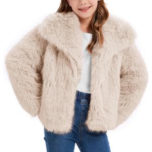 Flygo Girls Faux Fur Coat Kids Fluffy Long Sleeve Lapel Collar Open Front Jacket Warm Winter Shaggy Outwear with Pockets (Medium, Beige)
