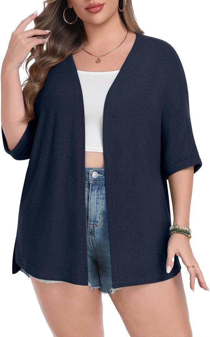 Lastshe Plus Size Cardigan for Womens Rolled Short Sleeve Lightweight Loose Cover Ups Open Front Sweaters, Dark Blue, 2X