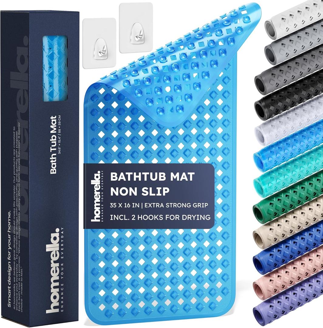 homerella Bathtub Mat Non Slip 35x16, Incl. Hooks for Drying, Extra Long, 100% BPA Free, Shower Mat Non Slip Anti Mold, Machine Washable, Shower Mats for Inside Shower Mildew Resistant (34.5" x 15.5" (Rectangular), Clear Blue)