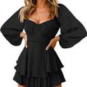 Fixmatti Women off Shoulder Rompers Lantern Long Sleeve Ruffle Tie Mini Shorts Jumpsuit (01-black, XL)