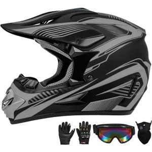 Motocross Helmet,Youth & Kids ATV Dirt Bike Motorcycle, BMX 4-Wheeler Off-Road Mountain Bike Helmet,DOT Certified,W/Gloves Goggles Mask 4-Piece Set (Gray, Medium)