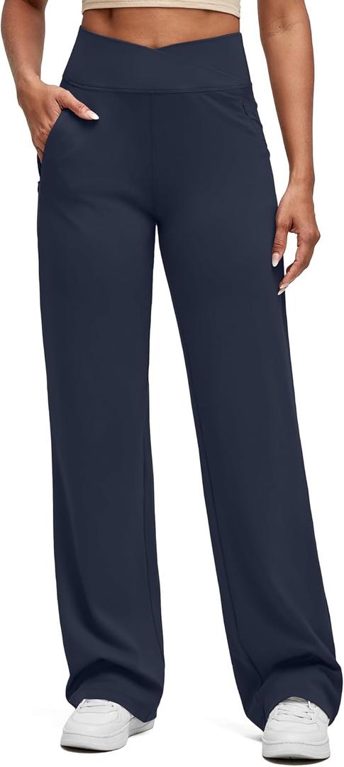 G4Free BareFeel Yoga Pants with Zipper Pockets for Women High Stretch Wide Leg Cross Waist Casual Trousers 29"/31"/33" (X-Large, Dark Navy)