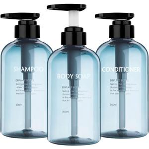 3pcs Refillable Shampoo and Conditioner Bottles, 16.9oz/500ml Shampoo Conditioner Body Wash Dispenser for Hotel Bathroom, 3pcs Plastic Shampoo Bottles with Pump (Blue)