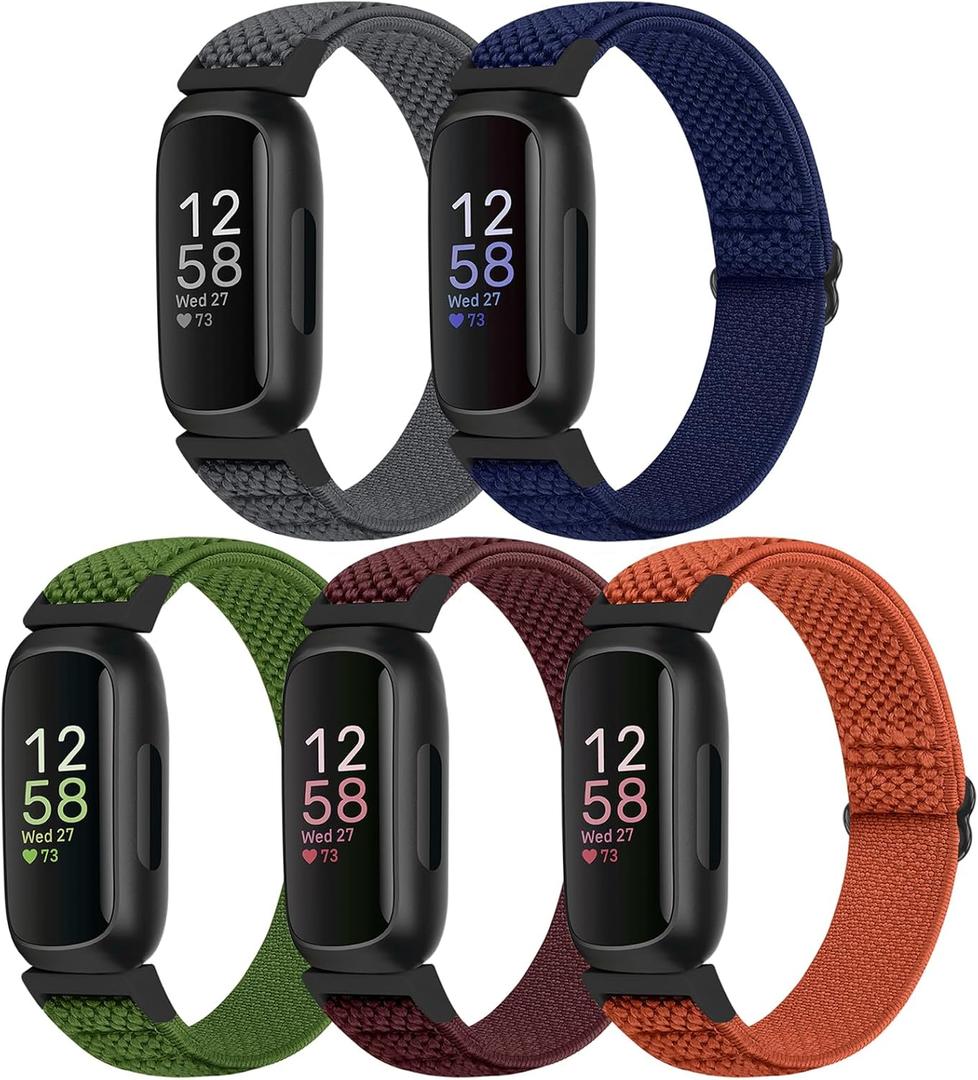 Bcuckood Compatible with Fitbit Inspire 3/Inpsire 2/Inspire/Inpsire HR/Ace 2/Ace 3 Watch Bands, Elastic Adjustable Replacement Wristband Women Men Stretchy Soft Sport Nylon Loop Straps (Grey+Indigo+Olive Green+Wine Red+Orange)