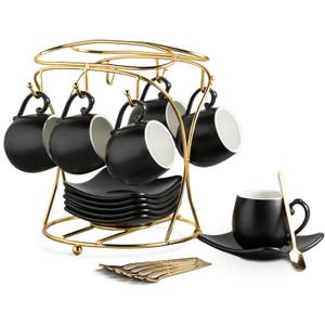LYEOBOH Espresso Cups with Saucers Set, 3 Ounces Porcelain Coffee Cups with Metal Stand and Spoons, Cappuccino Cups Cute Demitasse Cups for Coffee Drinks, Latte, Tea Set of 6, Black