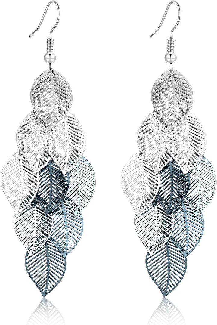 Silver Dangle Earrings For Women Trendy,Boho Cute Drop Western Earings,Vintage Gothic Ethnic Statement Beach Vacation Long Earrings with Leaf Teardrop Turquoise Crystal Tassels,Fashion Jewelry Birthday Gift