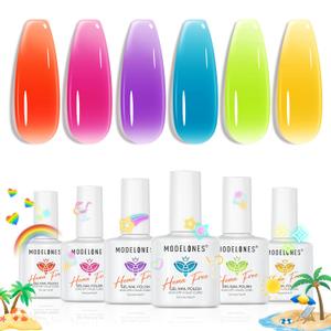 modelones Jelly Neon Gel Nail Polish Set, Hema-Free Summer LGBT Neon Hot Pink Orange Blue Yellow Green Purple 6 Colors Bright Sheer Translucent Effect Rainbow Gel Polish Kit LED Nail Art Gift Salon