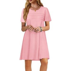 Imily Bela Womens Summer Casual T Shirt Dress Short Sleeve Crewneck Pleated Front Loose Beach Flowy Mini Dresses (Medium)