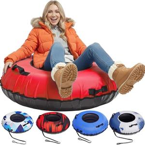 Snow Tube, 45'' Rubber Snow Tubes with Commercial Grade Canvas Cover for Kids & Adults, Inflatable Heavy Duty Snow Sled Thickened Hard Bottom with Tow Strap, Sleds Winter Gifts, Red