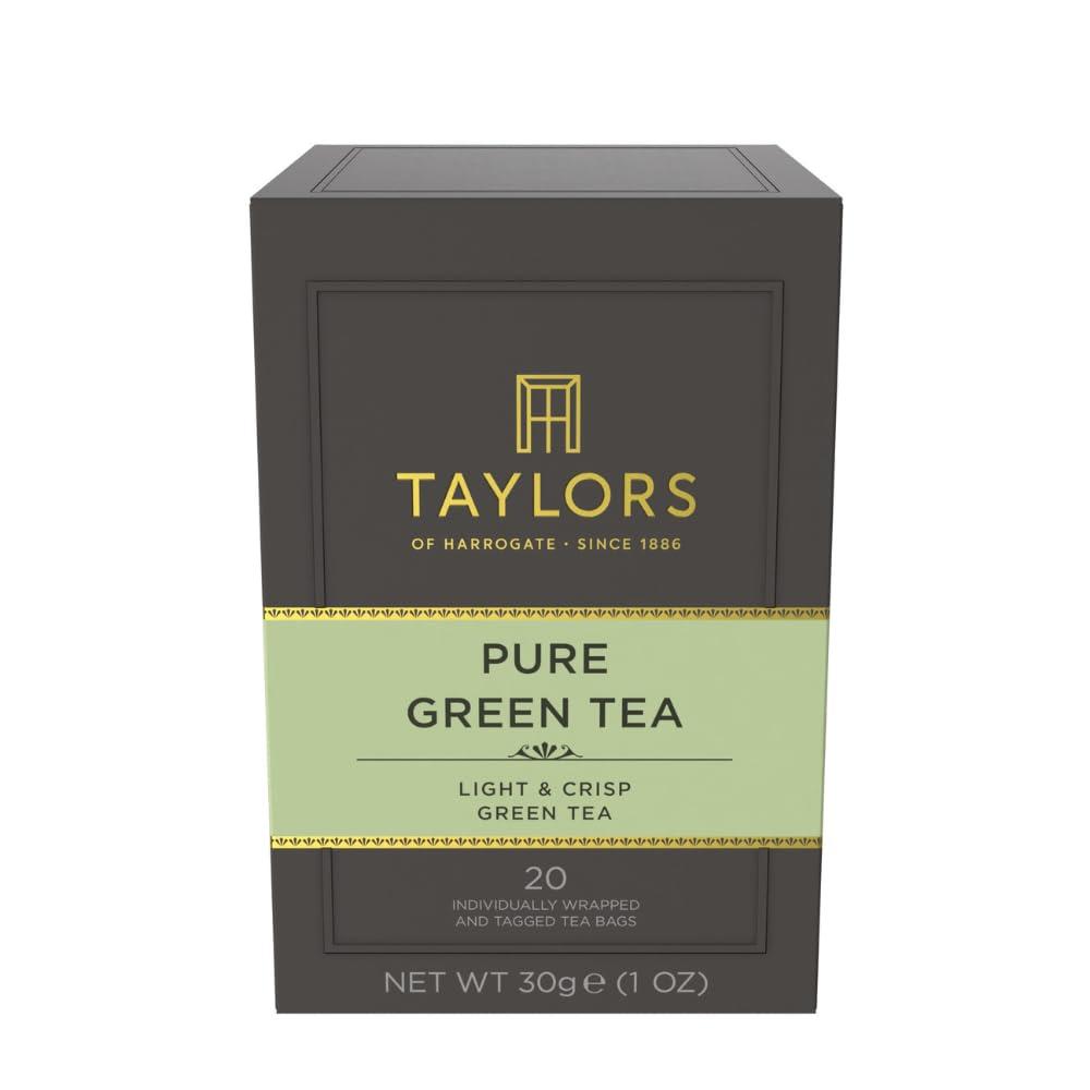 Taylors of Harrogate Pure Green Tea, Individually Wrapped Bags, 20 Count (Pack of 1), Delicate, Mellow and Crisp, Caffeinated, Enjoy Hot or Iced, 20 Teabags (EXP 08/01/27)