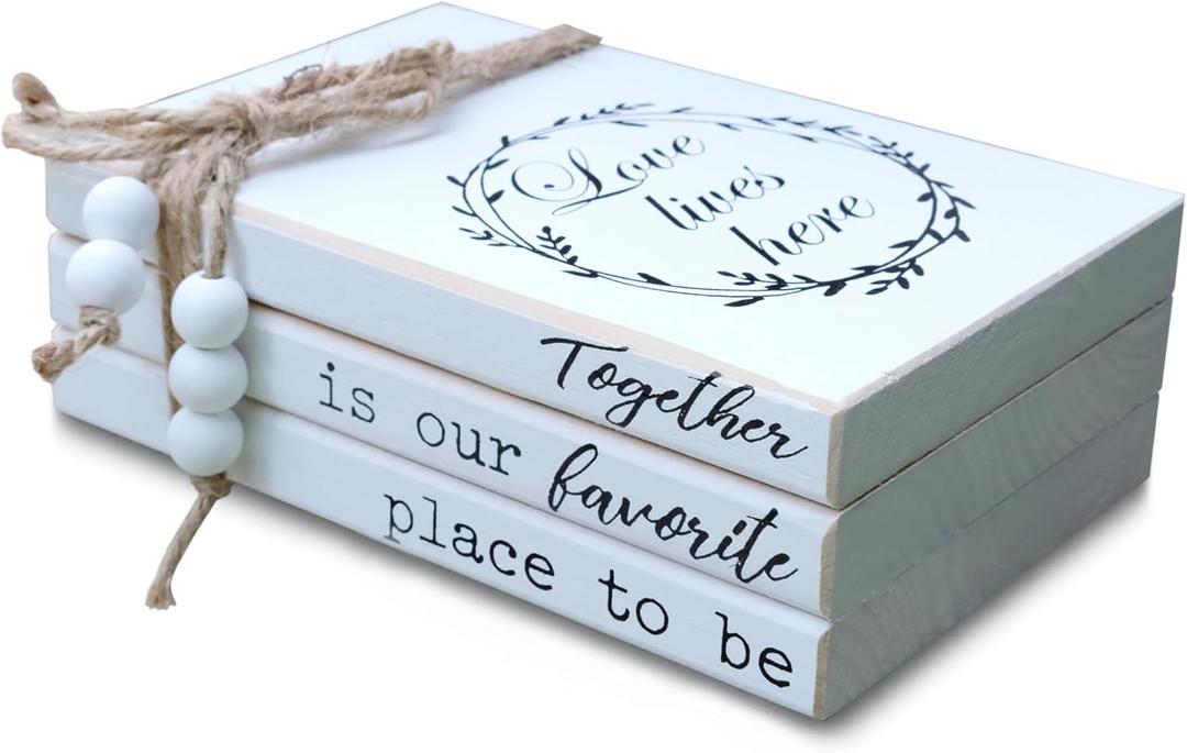 LIVDUCOT Decorative Books for Home Coffee Table Decor, Faux Books for Decoration, Modern Farmhouse White Wood Book Stack Decor for Shelf, Together is Our Favorite Place to Be Sign 7x5.5x2.5