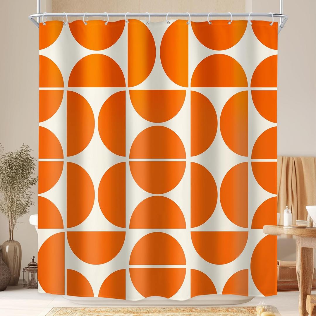Riyidecor Orange Geometric Modern Shower Curtain 72Wx72H Inch Mid Century Shower Curtain Abstract Boho Retro Minimalist Contemporary Bathroom Decor Fabric Polyester Waterproof 12 Pack Hooks