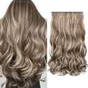 REECHO Clip in hair extensions, 20" Curly Wavy Synthetic HE008 Hairpieces for Women - Ash Brown with Platium Highlights