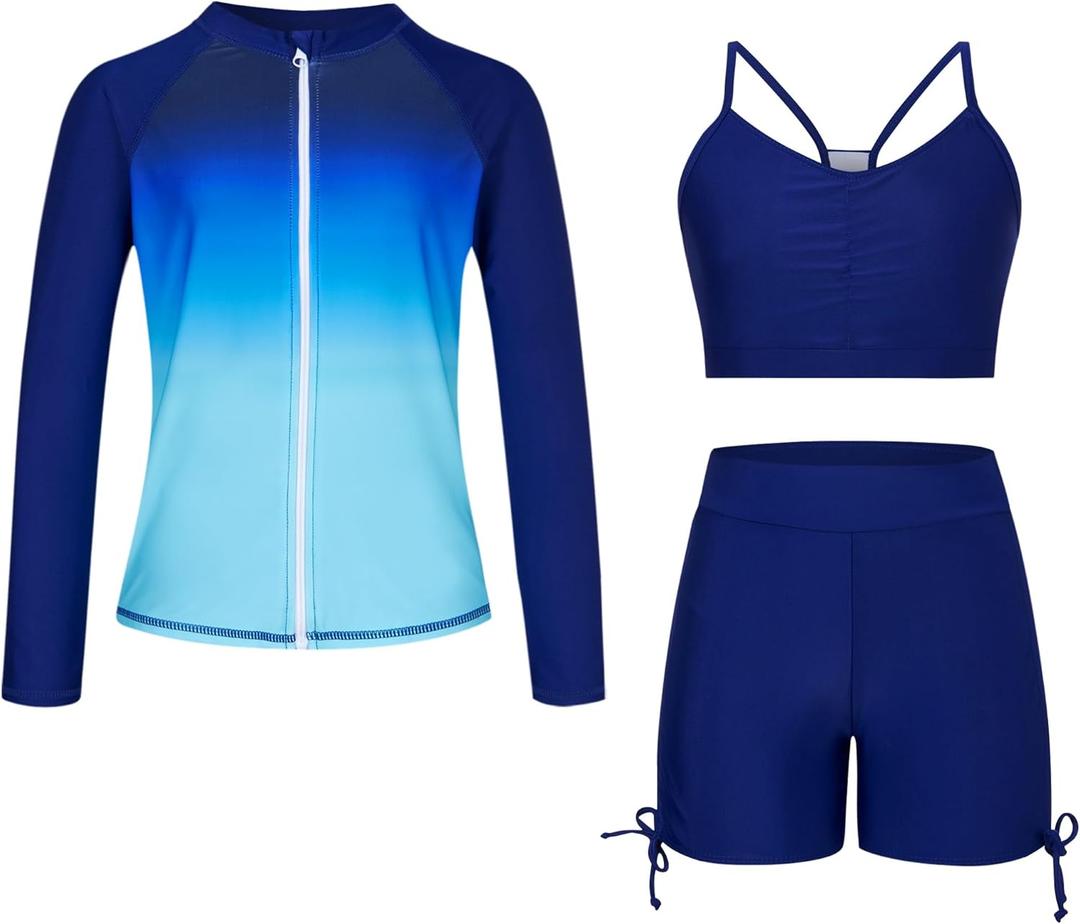 Funnycokid Girls Swimsuit 3 Pieces Zip Rash Guard Bathing Suits Set Kids Bikini Boyshort Summer Swimwear 3-14 Years (11-12 Years, Blue Gradient)