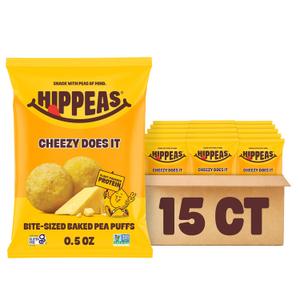 Hippeas Cheezy Cheddar Pops, 0.5 Ounce (Pack of 15), 2g Protein, Fiber, Vegan, Gluten-Free, Crunchy, Plant Protein Snacks (EXP 01/24/27)