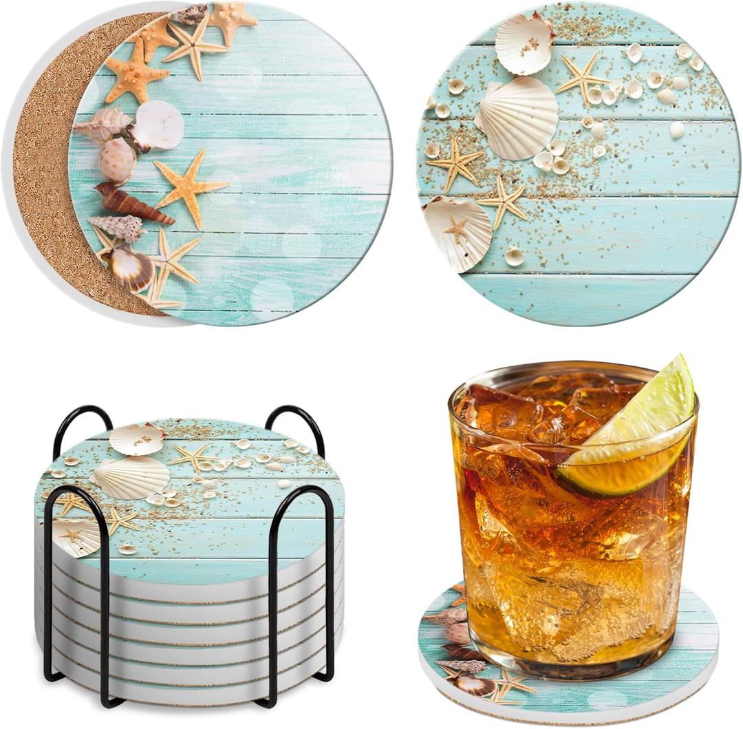 2 x Coasters Set of 6 with Holder,Coastal Themed Beach Lover Gifts for Her.Absorbent Ceramic Drink Coasters with Cork Base for Tabletop Protection Home Decor & Housewarming Gifts for New Home
