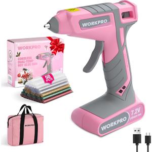 WORKPRO Cordless Hot Glue Gun, 7.2V Glue Gun with 50 Pcs Premium Mini Glue Sticks and Storage Bag, 2600mAh Type-C Rechargeable, Dual-Temp Hot Glue Gun Kit for DIY, Crafting and Arts, Pink