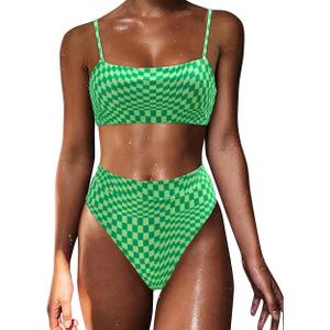 MOSHENGQI Women High Wasited Bikini Shoulder Strap 2 Piece High Cut String Swimsuits (Green, S)