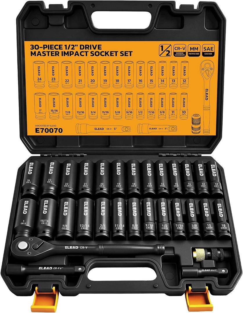 ELEAD 1/2" Drive Deep Impact Socket Set: 30-Piece Standard SAE (3/8 to 1 Inch) and Metric (10-24mm) Size, 3" and 5" Drive Extension Bar, Ratchet Handle, Bit Adapter, CR-V Steel for Auto Repair
