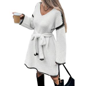 Womens Color Block Sweater Dress with Belt, Rolled Hem, Long Sleeve, V Neck, Knee Length, A Line, Oversized Knit Dress Fall (White) 
Small