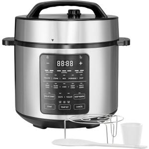 Simple Deluxe Electric Pressure Cooker, Non-Stick 12-in-1 & 6QT Stainless Steel Multi Cooker for Slow Cook, Meat Stew, Cake, Porridge, Multigrain, Dishwasher Safe, Silver