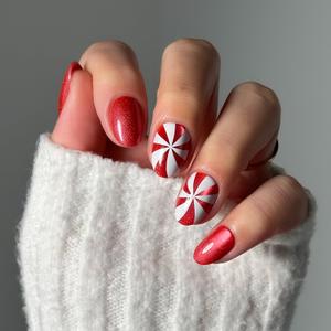 Glamnetic Press On Nails - Candy Crush | Short Oval Fake Nails with Candy Cane Swirl Design in a Velvet Finish, Salon Quality Holiday Nails | 15 Sizes - 30 Nail Kit with Glue