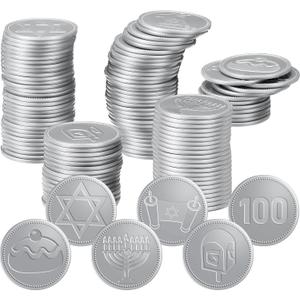Zubebe 300 Pieces Plastic Hanukkah Gelt Coins Bulk Dreidel Menorah Star of Davids Design Coins for Hanukkah Party Favors Decorations, 6 Styles for Treasure Hunt Game(Silver)