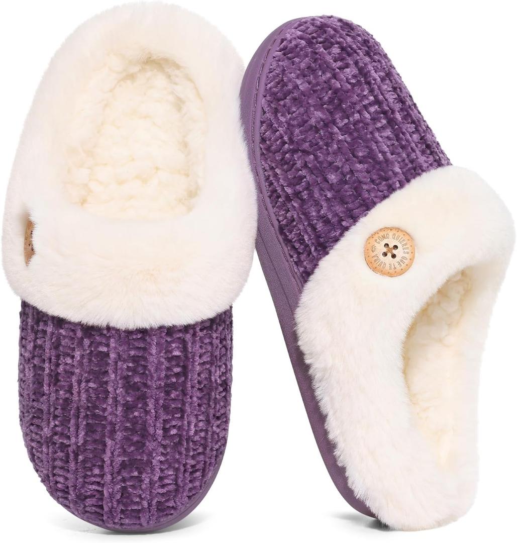 Evshine Warm Knit House Slippers for Women Comfy Wool-Like Lined Chenille Slippers with Memory Foam and Indoor Outdoor Soles (11-12, Buttoned Purple)