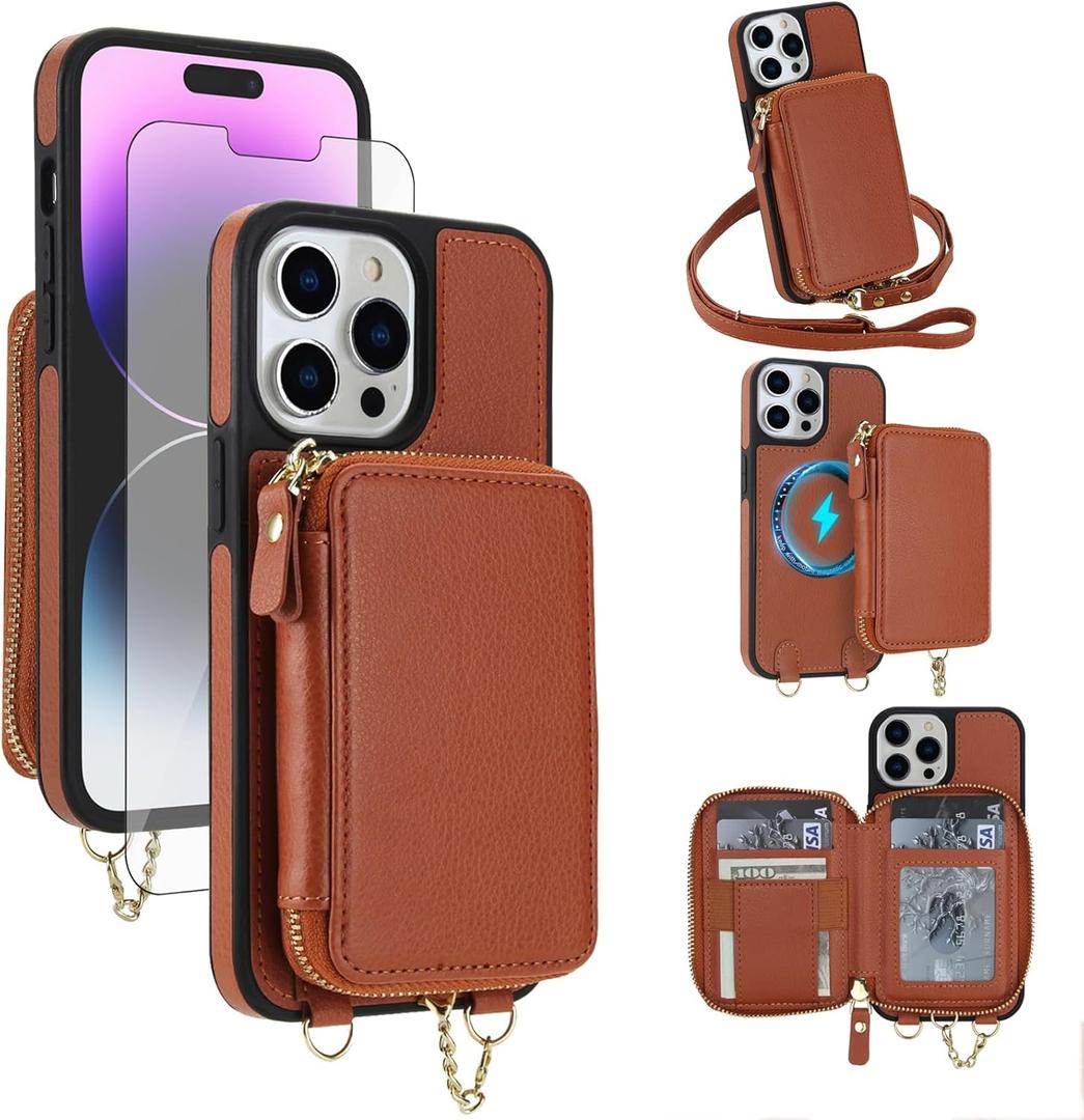 Phone Case for iPhone 14 Pro Wallet Zipper Handbag Cover Screen Protector Crossbody Lanyard Strap 2-in-1 Detachable Compatible with MagSafe RFID Blocking iPhone14Pro iPhone14 14Pro Women Brown