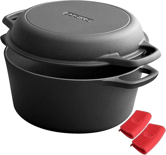 EDGING CASTING 2in1 PreSeasoned Cast Iron Dutch Oven Pot with Skillet Lid Cooking Pan, Cast Iron Skillet Cookware Pan Set with Dual Handles, Indoor Outdoor for Bread/Frying/Baking/Camping/BBQ, 5 Qt