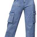 ZMPSIISA Women High Waisted Cargo Pants Wide Leg Casual Pants 6 Pockets Combat Military Trousers (Small, Denim Blue)