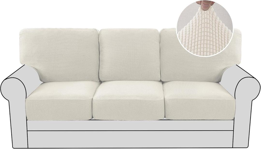 H.VERSAILTEX Multi-Pieces Sofa Covers for Three Cushion Couch Sofa High Stretch Seat Cover Jacquard Textured Twill Fabric(3 Seat Cover Plus 3 Back Cushion Covers, Ivory)