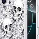 Skull Phone Case for iPhone 16 Pro Max Compatible with MagSafe, Clear Skeleton for Halloween Gothic Witchy Grunge Cool Design, Heavy-Duty Protection for Women Girls Men, Black White Rose Skull