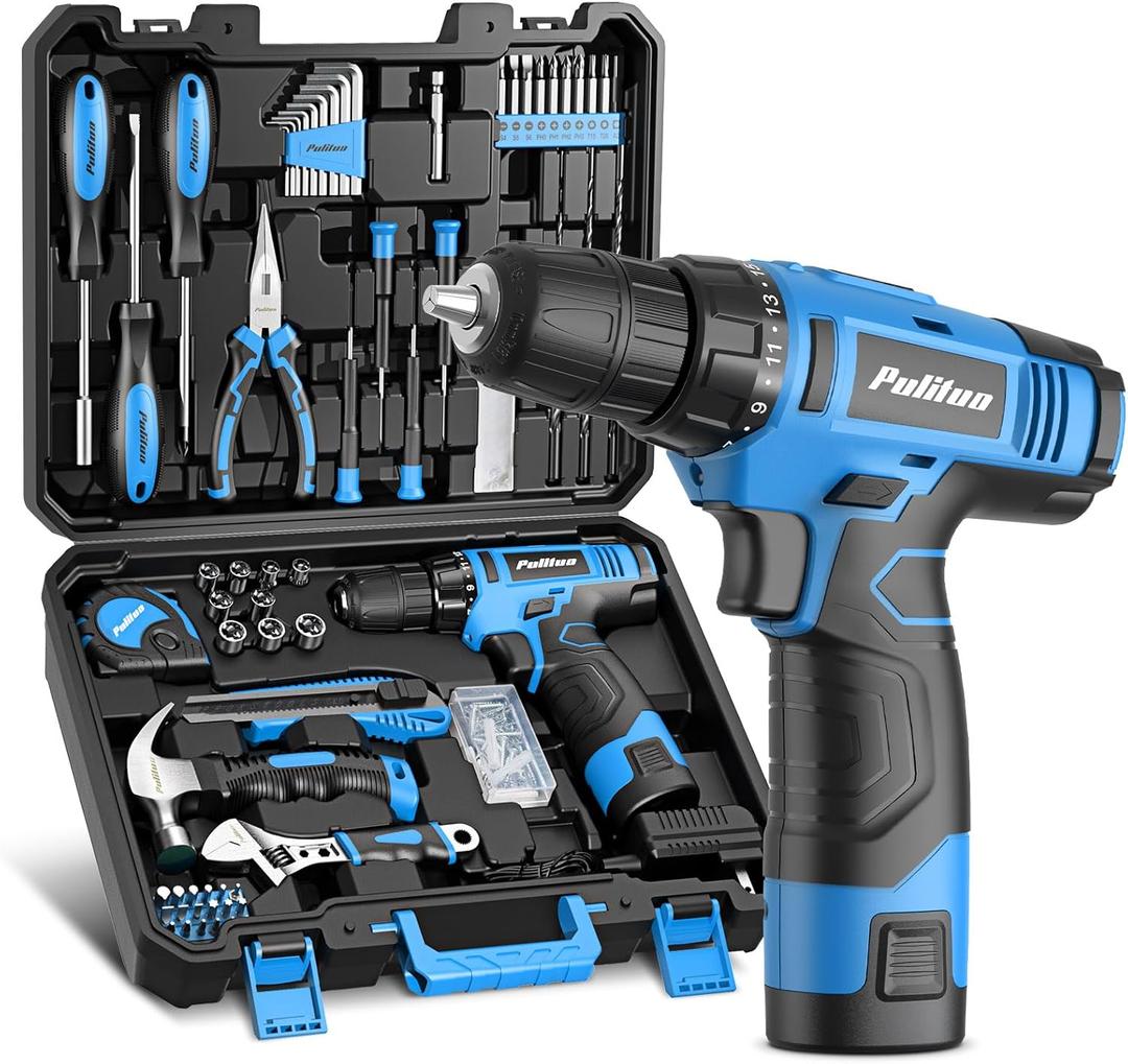 PULITUO Tool Set, 148-Piece Home Drill Set with 12V Blue Cordless Drill, Hand Tool Kits, and Tool Box, Suitable for Men, Women, and DIY Enthusiasts for Home Improvement.