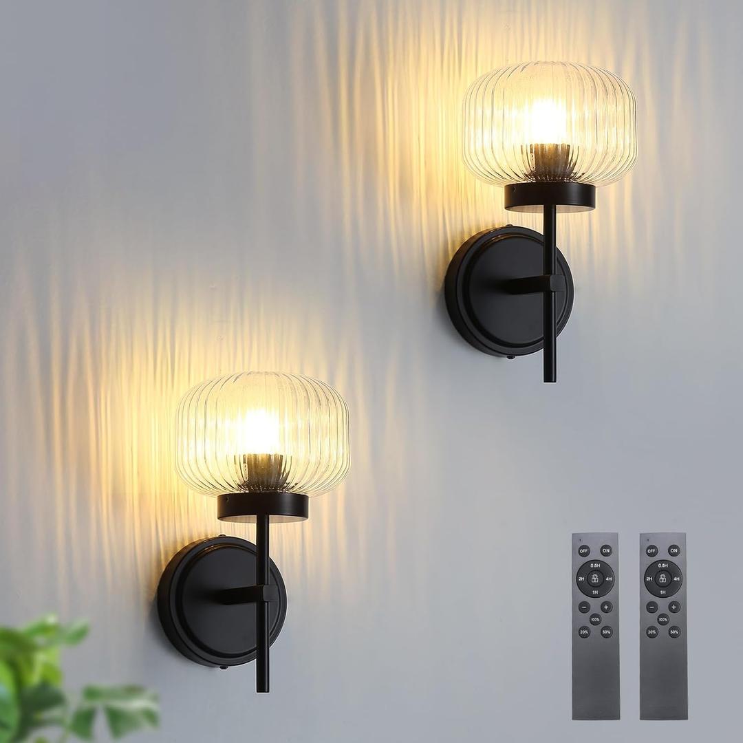 Battery Operated Wall Sconces Set of Two Rechargeable Battery Powered Gold Wall Light Fixtures with Remote Control Globe Glass Dimmable for Living Room Bedroom Mirror Hallway (2 Pack) (Black)