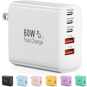 USB C Charger Block, 60W 5-Port Type C Charger Fast Charging Block, USBC USB Multiple Port Wall Charger Plug Adapter for iPhone 17/Air/16/15/14/13/12/11 Pro Max, Samsung Galaxy, iPad, Tablet (White)
