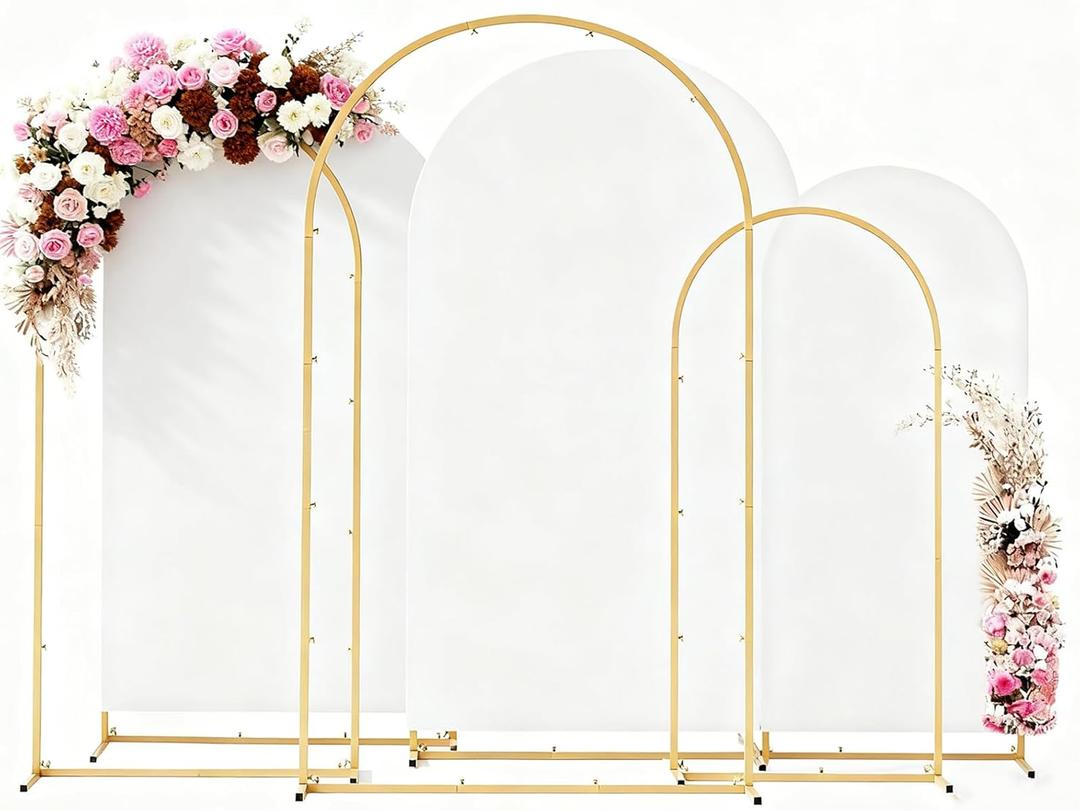 Metal Arch Backdrop Stand and Cover Set, 7.2FT, 6.6FT, 6FT Wedding Arch Frame, Easy to Assemble, Gold Arch Stand for Birthday, Party, Baby Shower, Graduation Ceremony