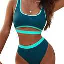 Blooming Jelly Women's High Waisted Bikini Sets Two Piece High Cut Bathing Suits Sporty Cut Out Crop Top Swimsuits (Large, Indigo)
