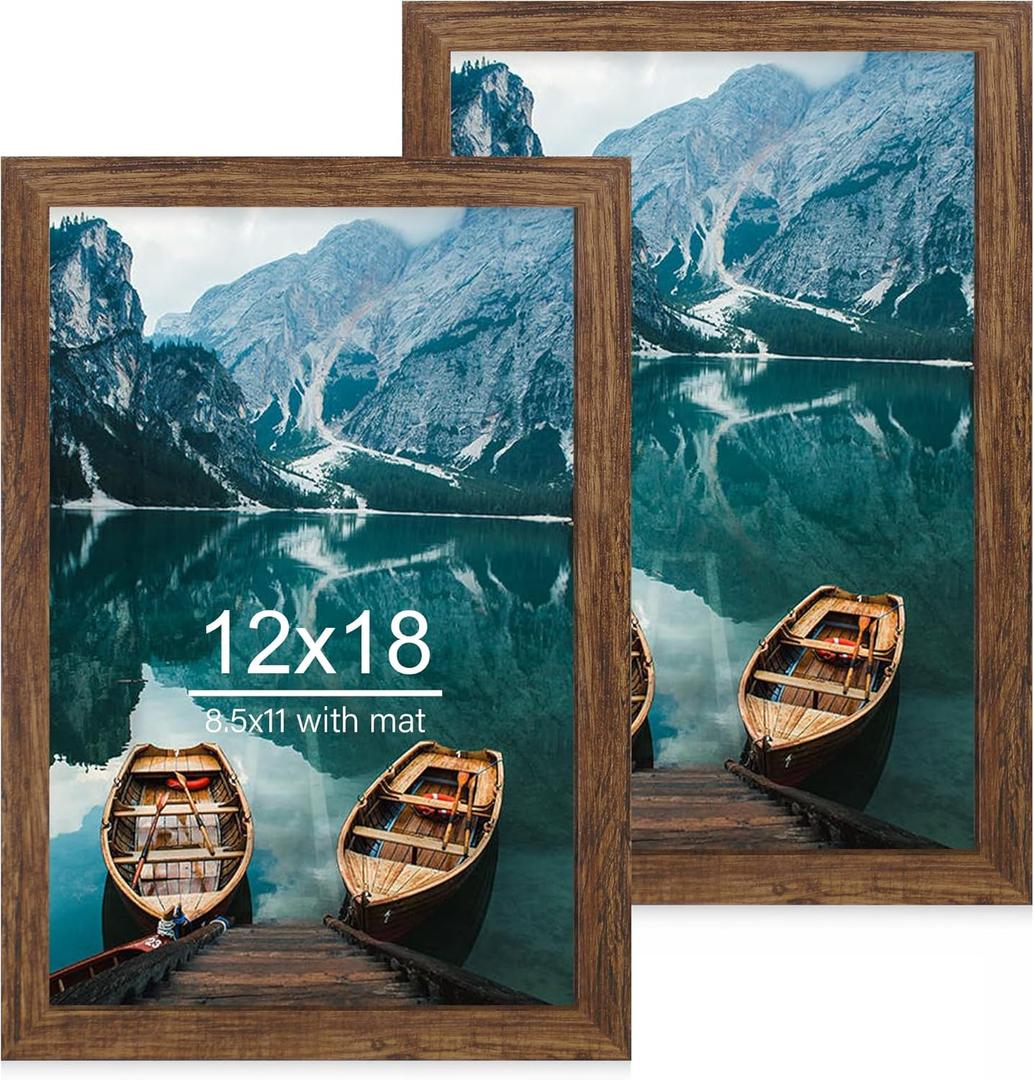 12x18 Frame Set of 2, Rustic Brown Wood Style, Display 12 x 18 Poster without Mat or 8.5x11 Picture with Mat, Wall Mounting Horizontal and Vertical