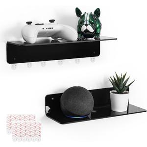 OAPRIRE Black Acrylic Floating Shelves Set of 2 - Damage Free Expand Wall Space - 12 Inch Wall Shelves with Strong Adhesive for Bathroom, Bedroom, etc